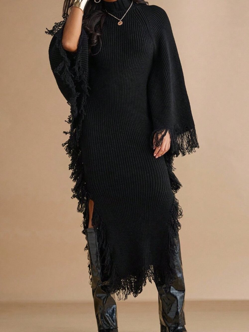 Black Casual Women's Turtleneck Fringe Cuff Fitted Knit Dress - Picture 4 of 7
